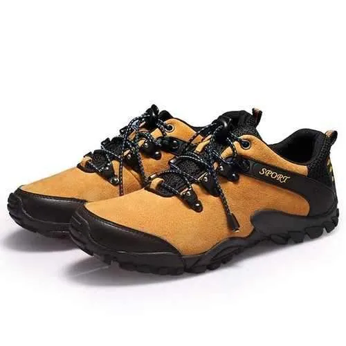 Men Sprot Running Shoes Leather Round Toe Lace Up Hiking Shoes Anti Slip