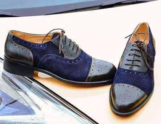 Men's Blue Black Leather Suede Cap Toe Brogue Shoes