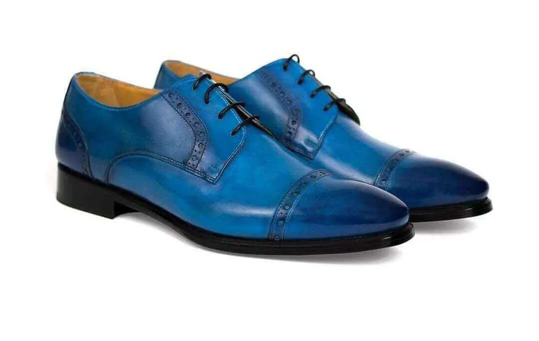 Men's Blue Leather Cap Toe Lace Up Shoes