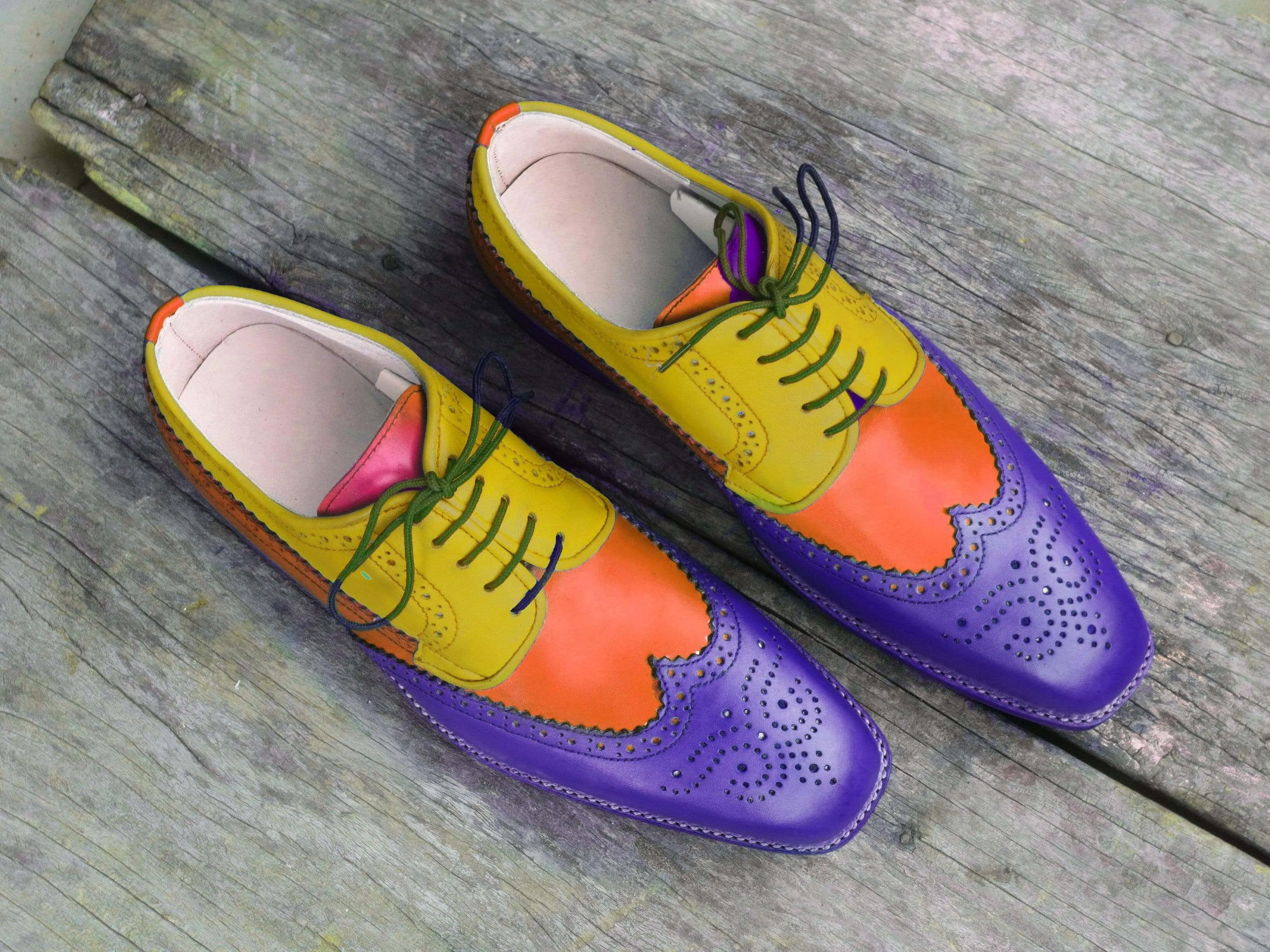 Men's Leather Multi Color Wing Tip Brogue Shoes