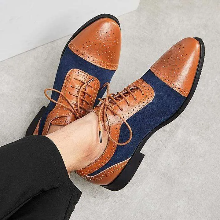 Men's Leather Suede Tan Navy Blue Cap Toe Brogue Shoes