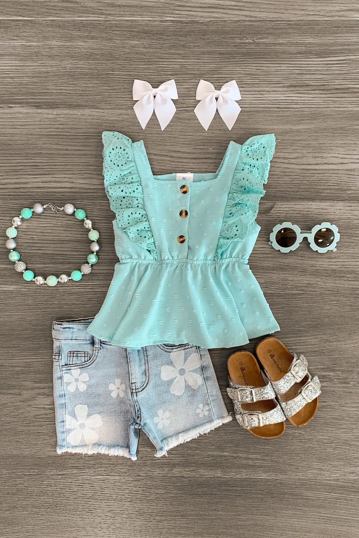 Mint Swiss Dot Denim Short Set