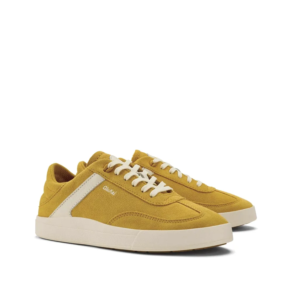 OluKai Women's Hā‘upu Leather Lace Sneaker in Mustard/Off White