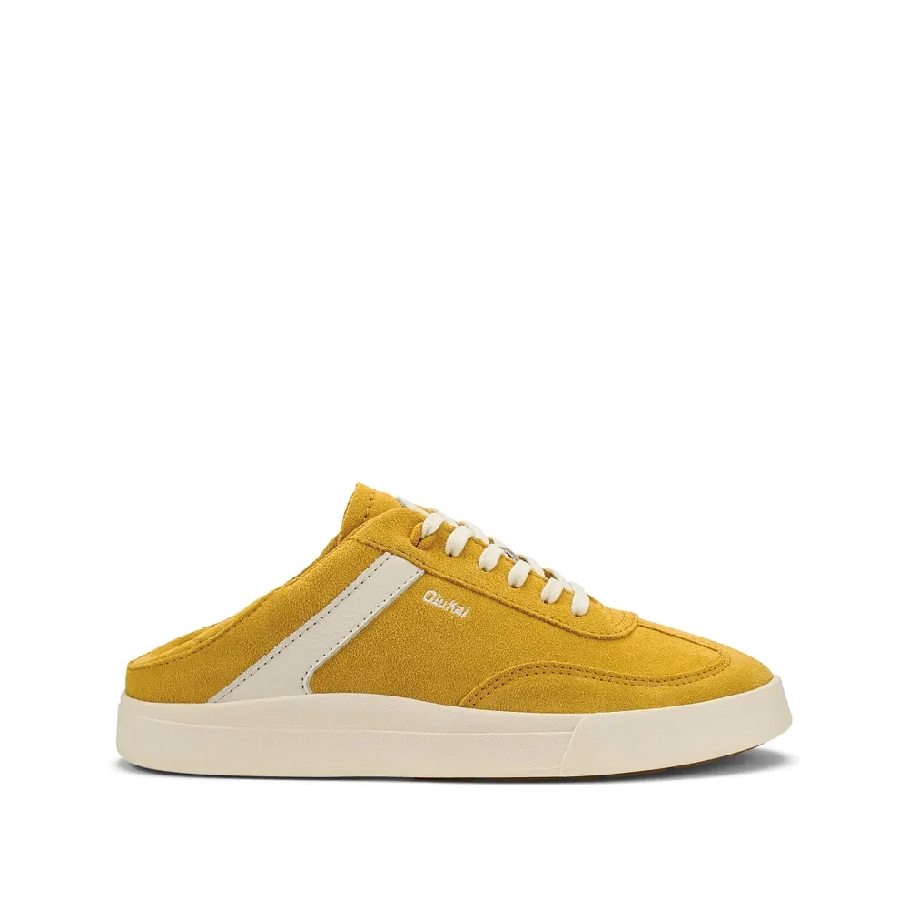 OluKai Women's Hā‘upu Leather Lace Sneaker in Mustard/Off White