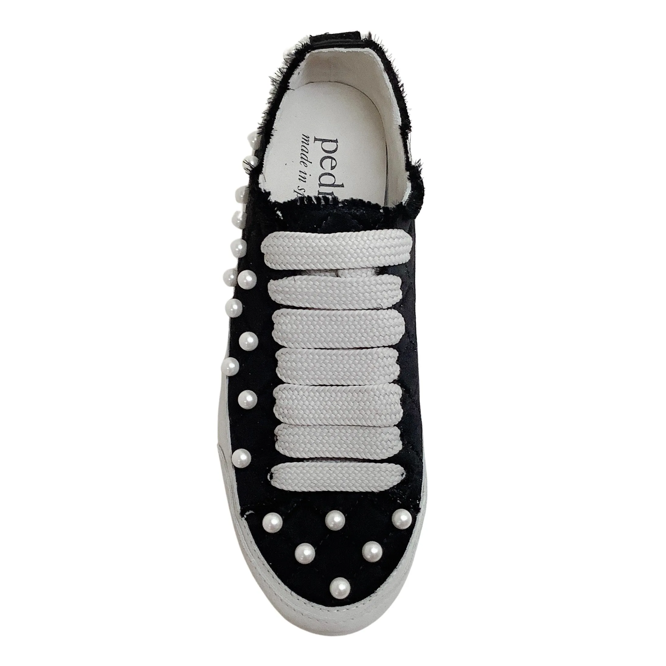 Pedro Garcia Black Satin Punet Sneakers with Pearl Embellishments