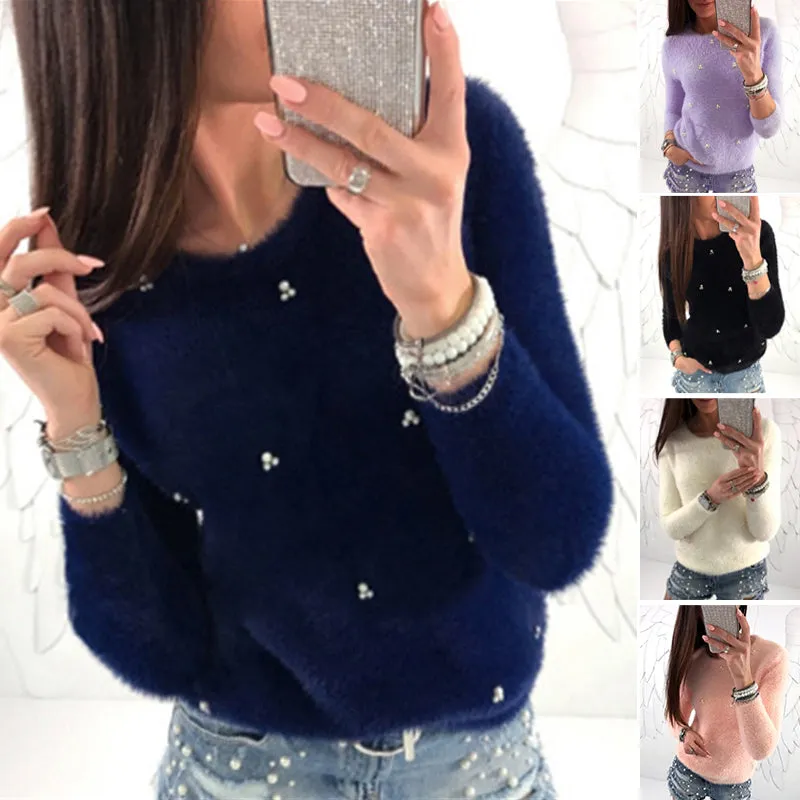 Plush Beaded Long Sleeve Sweater