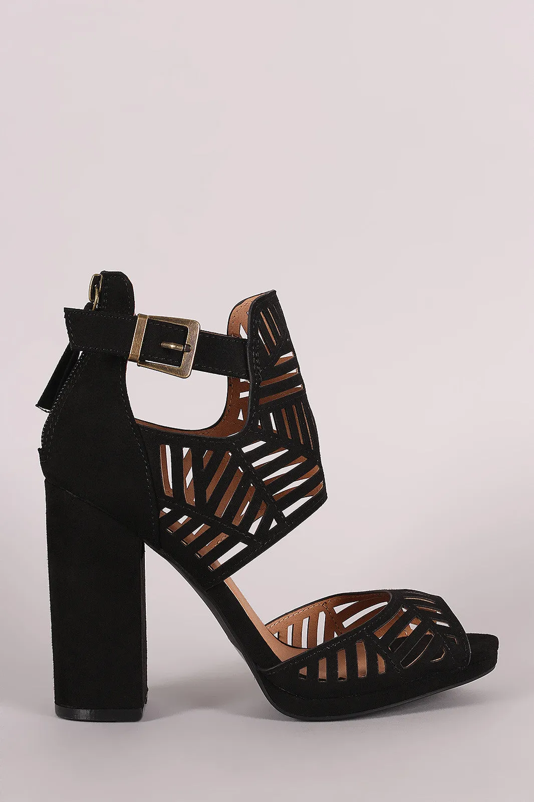 Qupid Perforated Ankle Cuff Peep Toe Chunky Heel