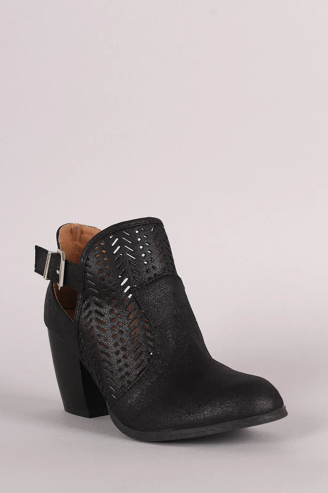 Qupid Perforated Buckle Distressed Chunky Heeled Booties