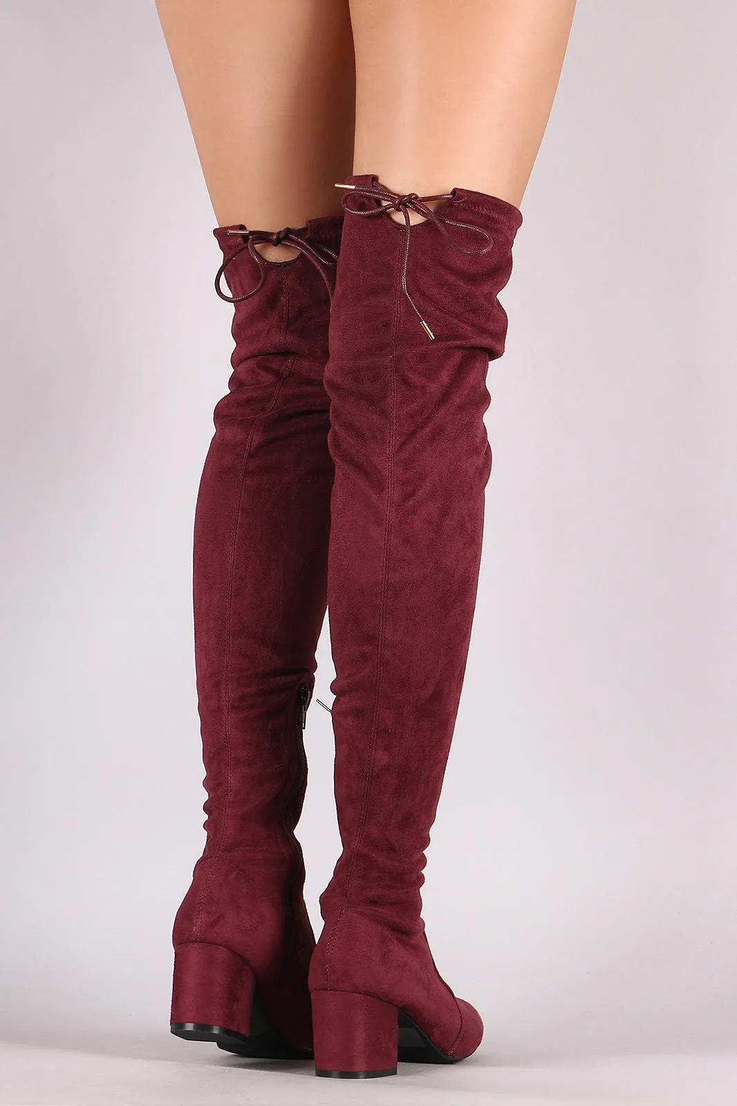 Qupid Suede Drawstring Tie Block Heeled Over-The-Knee Boots