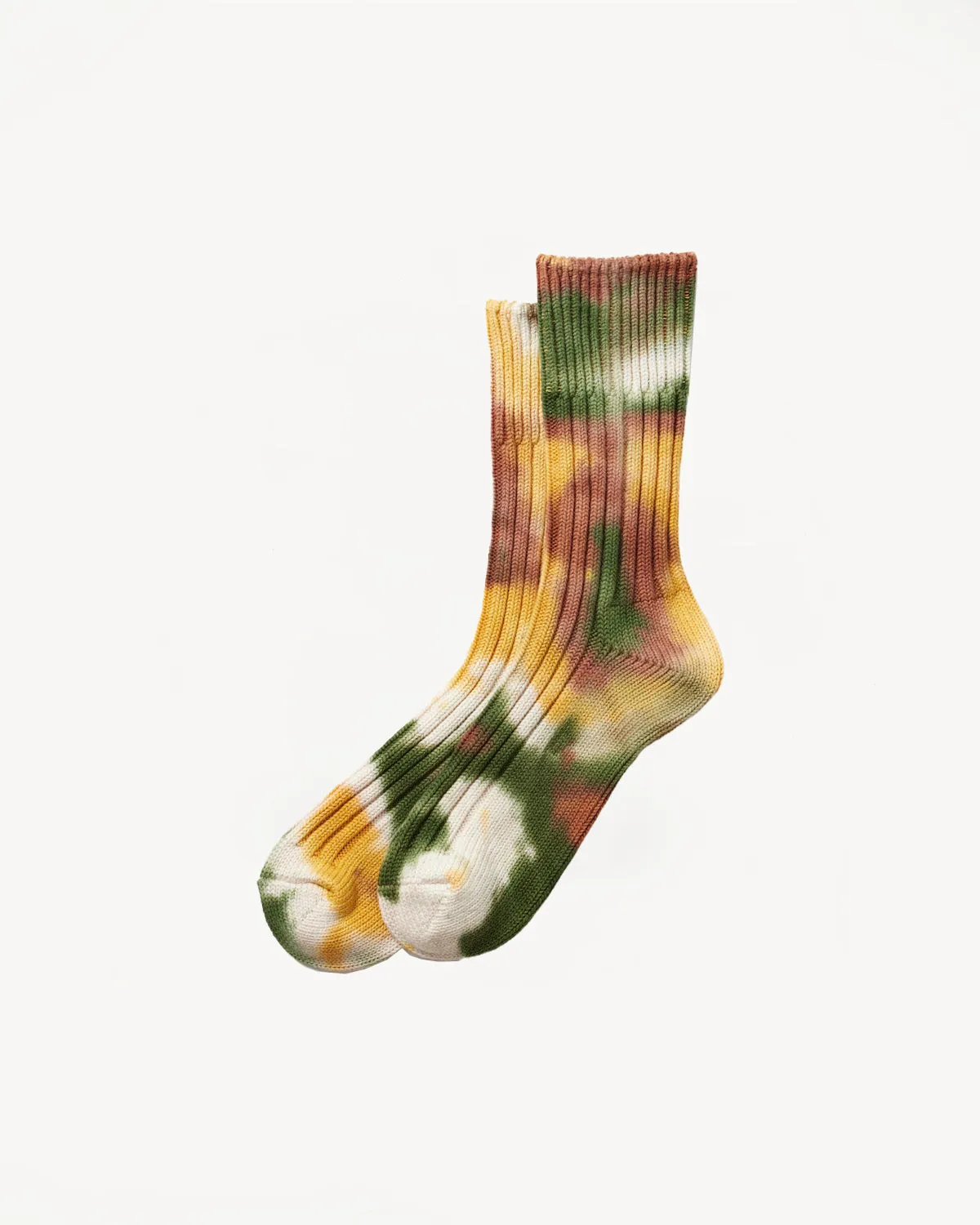 R1415 - Chunky Ribbed Crew Socks "Tie Dye" - Green, Gold, Brown