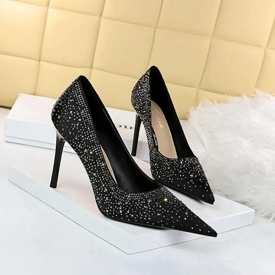 Rhinestone Decor Glitter Stiletto Heeled Court Pumps