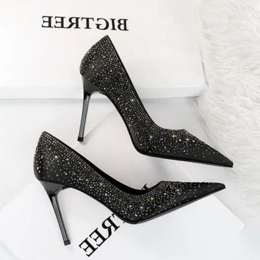 Rhinestone Decor Glitter Stiletto Heeled Court Pumps