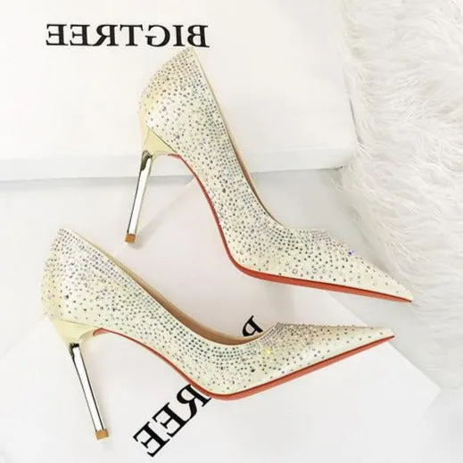 Rhinestone Decor Glitter Stiletto Heeled Court Pumps