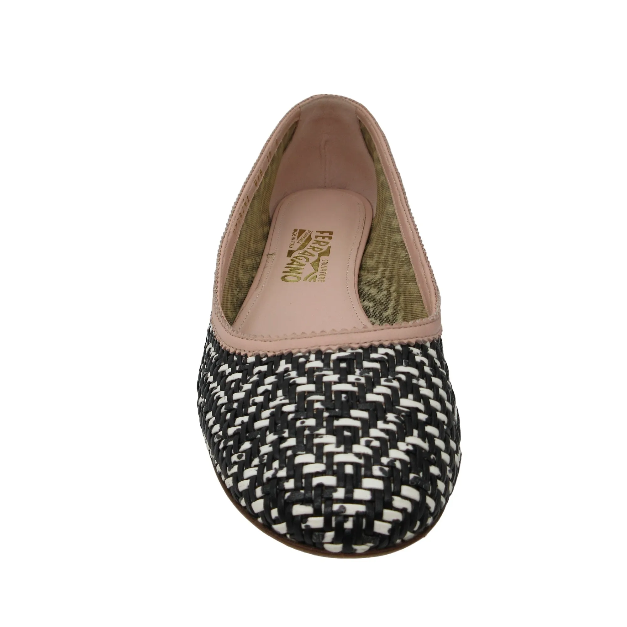 Salvatore Ferragamo Black / White / Blush Pink Woven Leather Ballet Flats