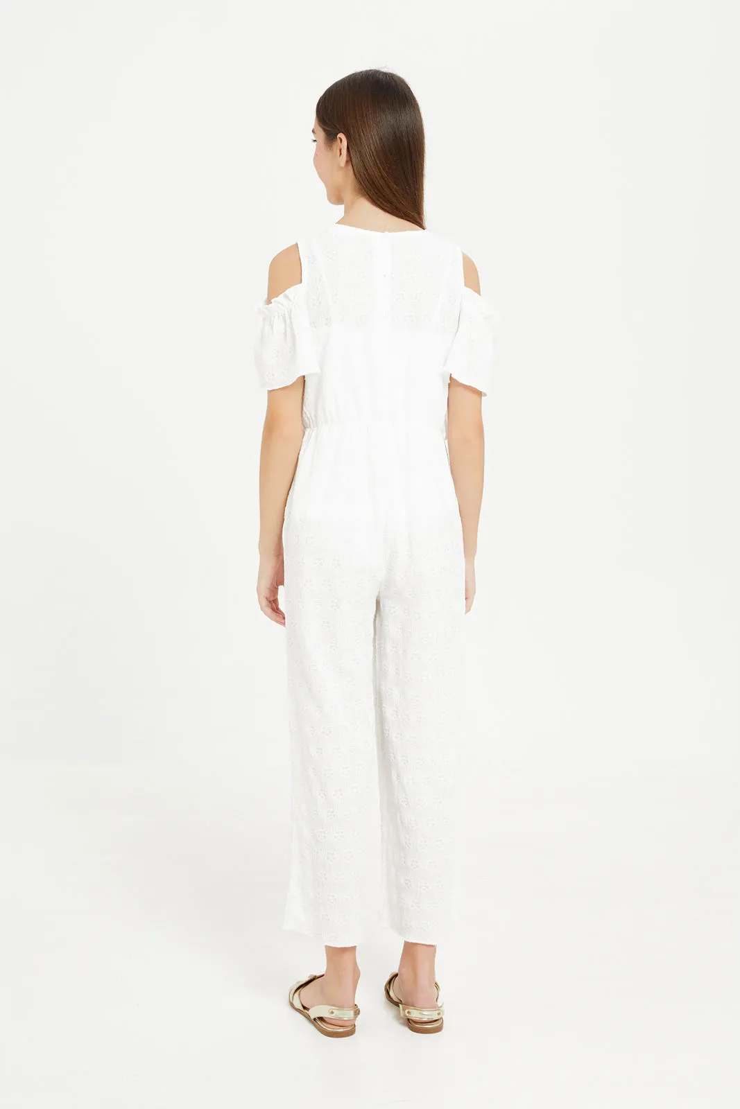 Senior Girls White Jacquard Jumpsuit