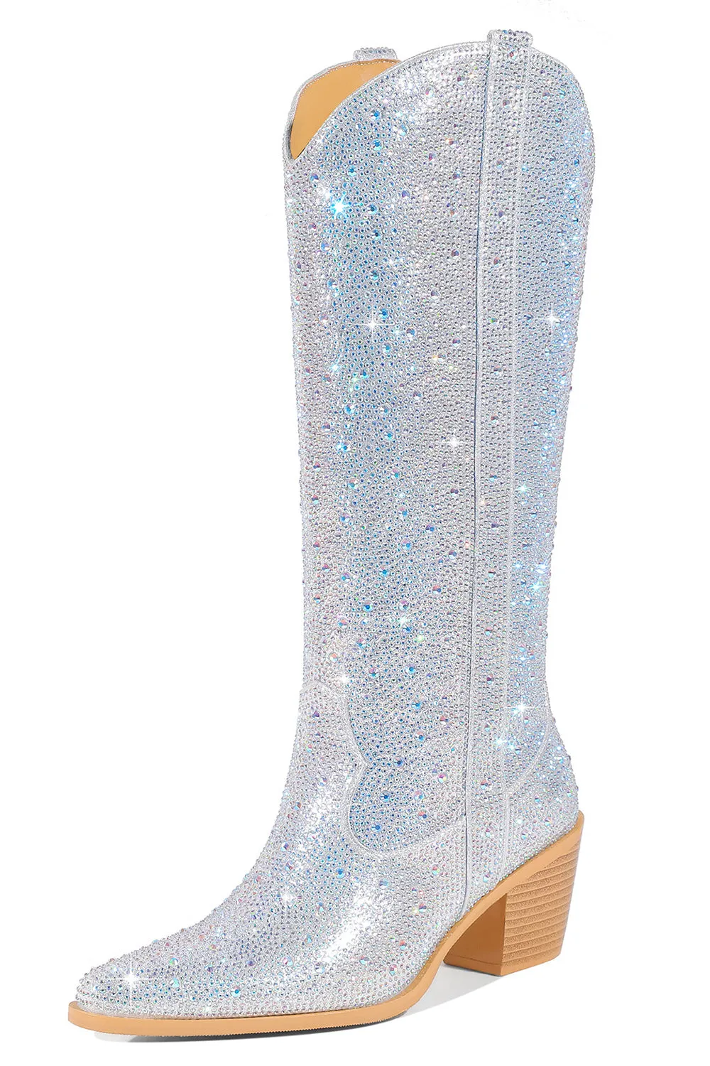 Silver Knee-High Shiny Pointed Toe Chunky Heel Boots