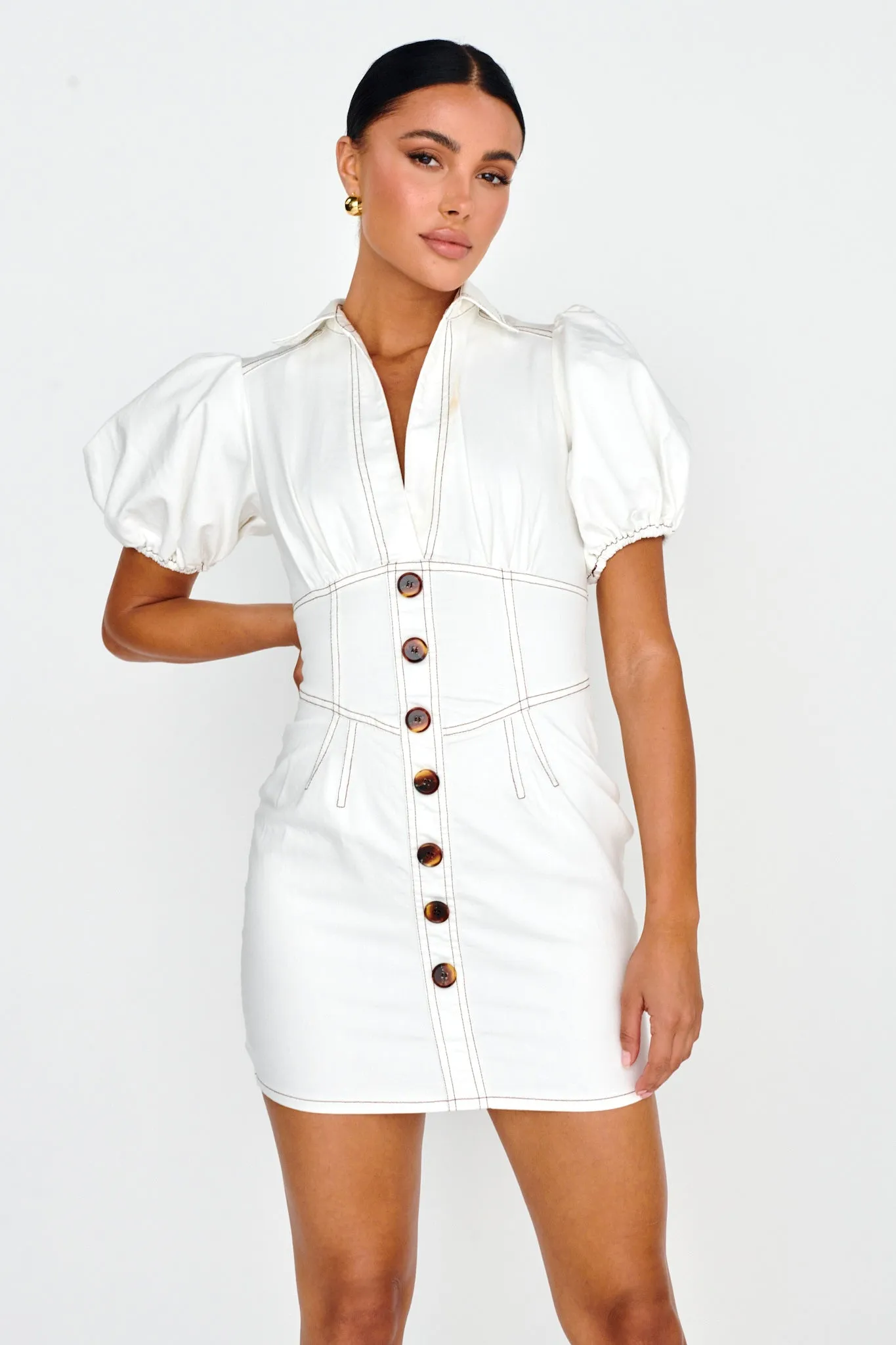 South Beach Puff Sleeve Collared Mini Dress White