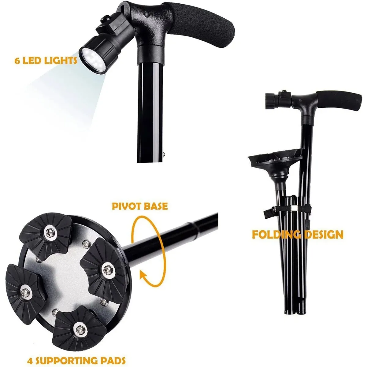 Stable Adjustable LED Light Anti-slip Walking Stick