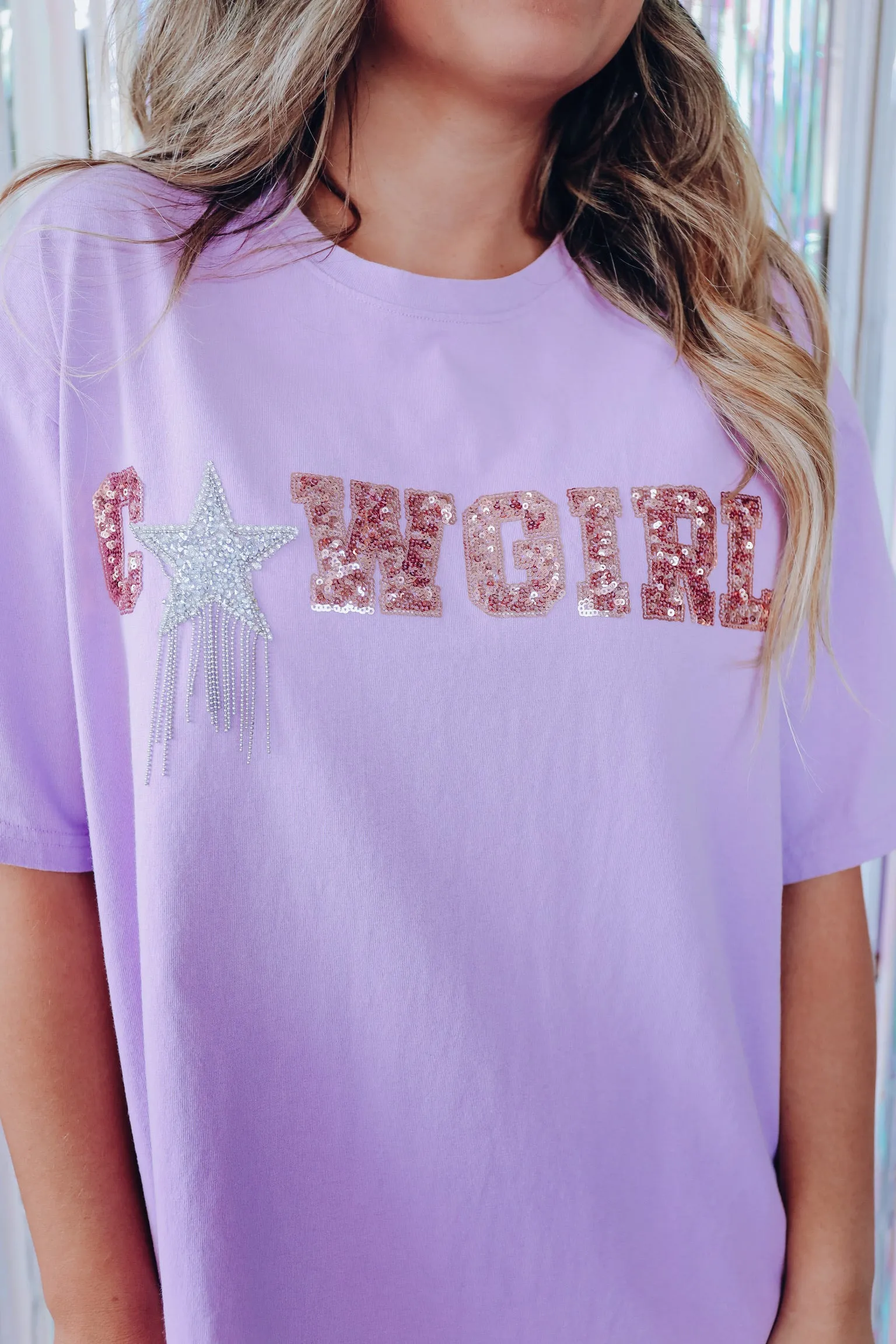 Star Cowgirl Sequin Patch Graphic Tee - Lavender