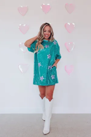 Stellar Style Sequin T-shirt Dress - Turquoise