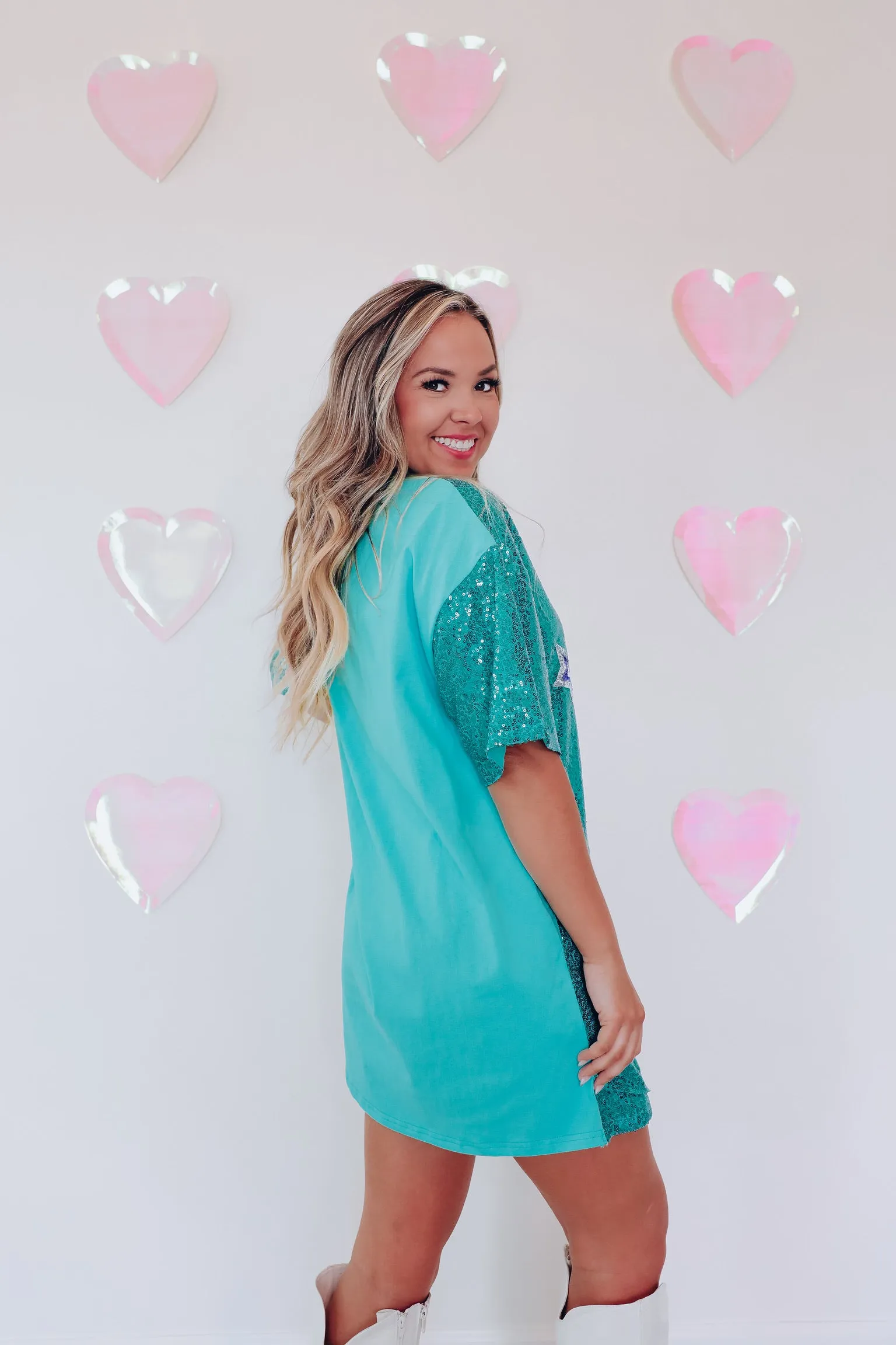 Stellar Style Sequin T-shirt Dress - Turquoise