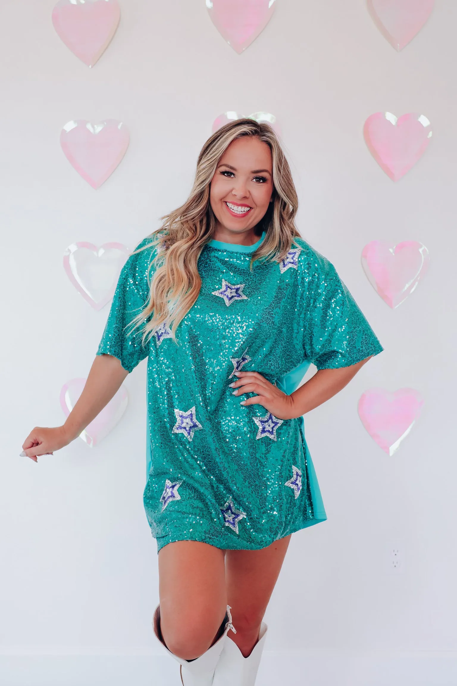 Stellar Style Sequin T-shirt Dress - Turquoise