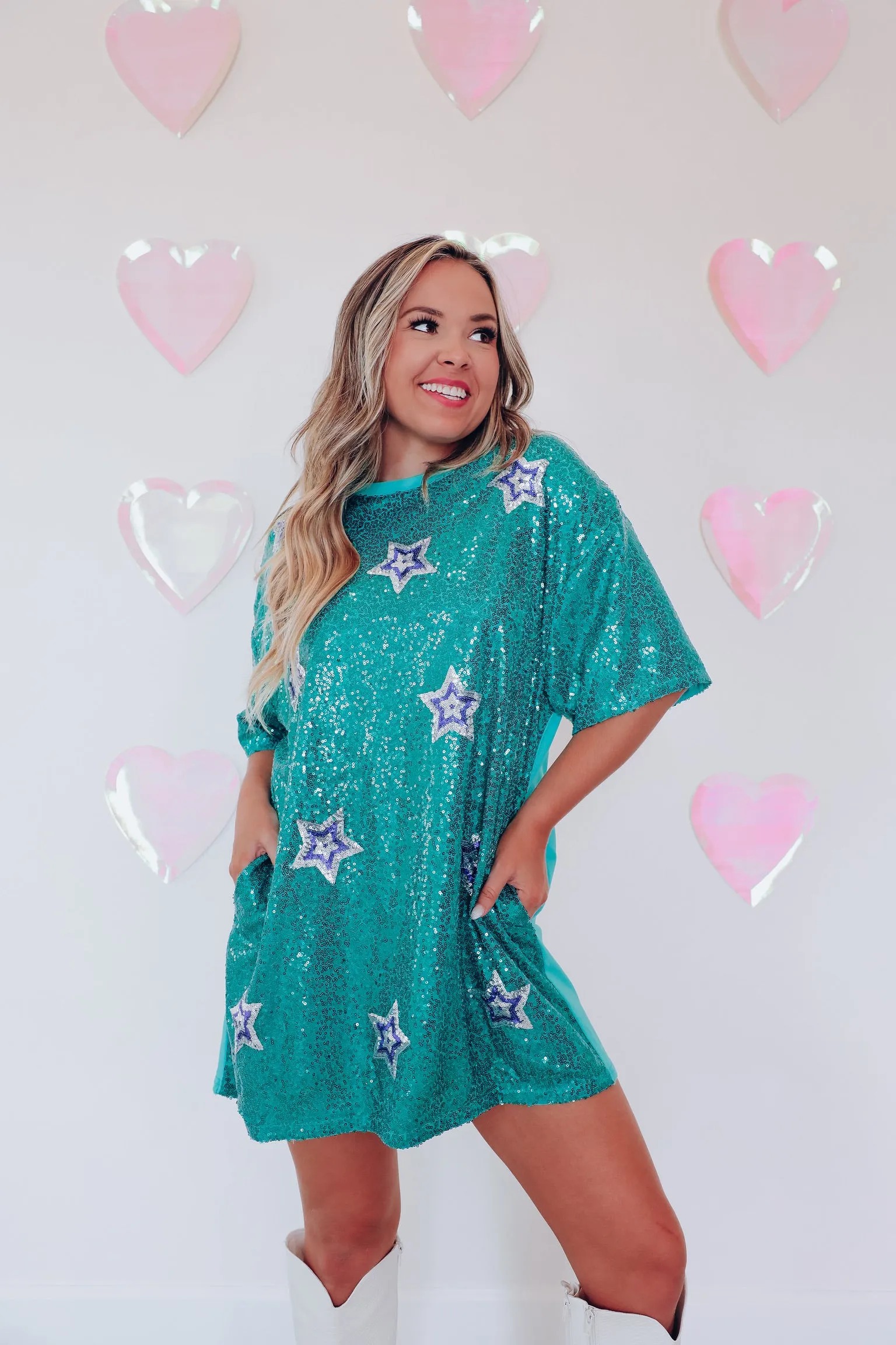 Stellar Style Sequin T-shirt Dress - Turquoise