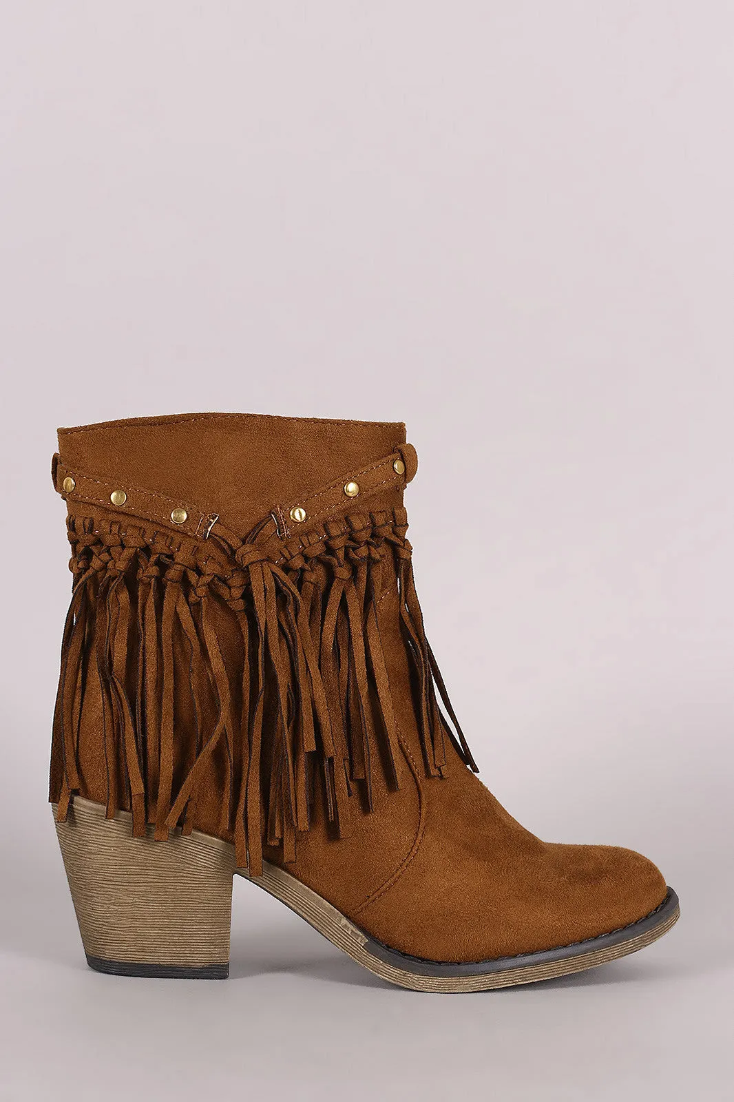 Suede Studded Fringe Chunky Heeled Western Ankle Boots