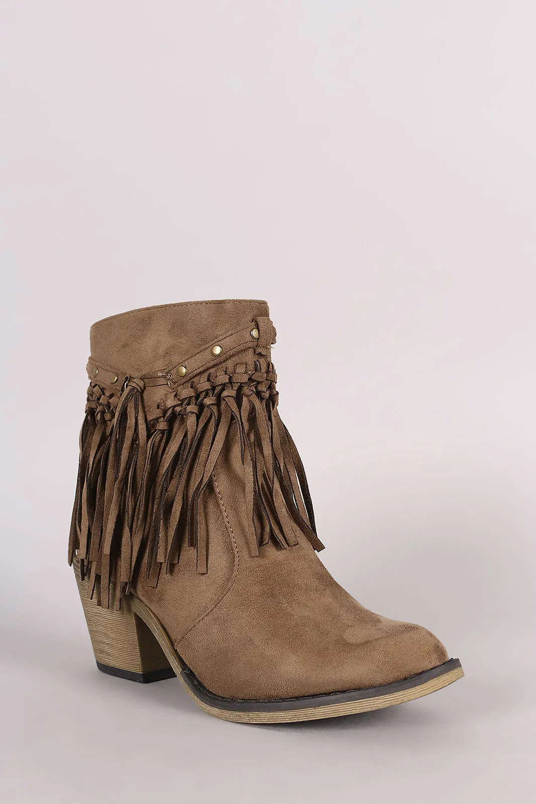 Suede Studded Fringe Chunky Heeled Western Ankle Boots