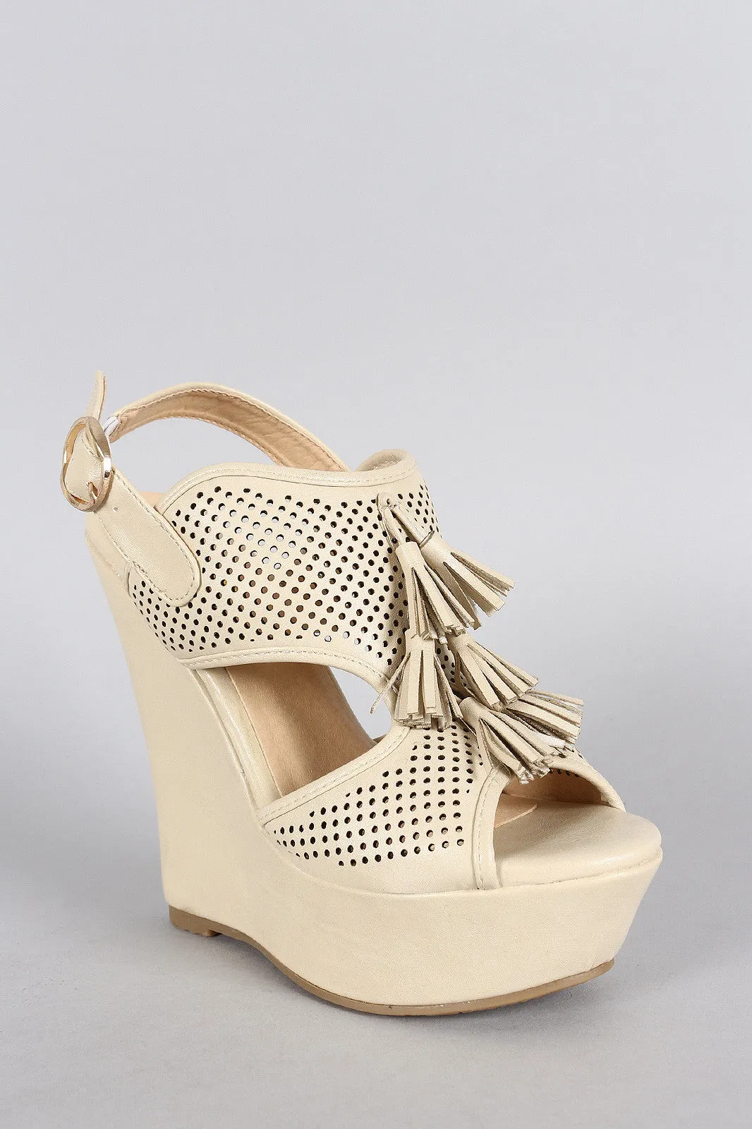 Tassel Perforated Slingback Platform Wedge