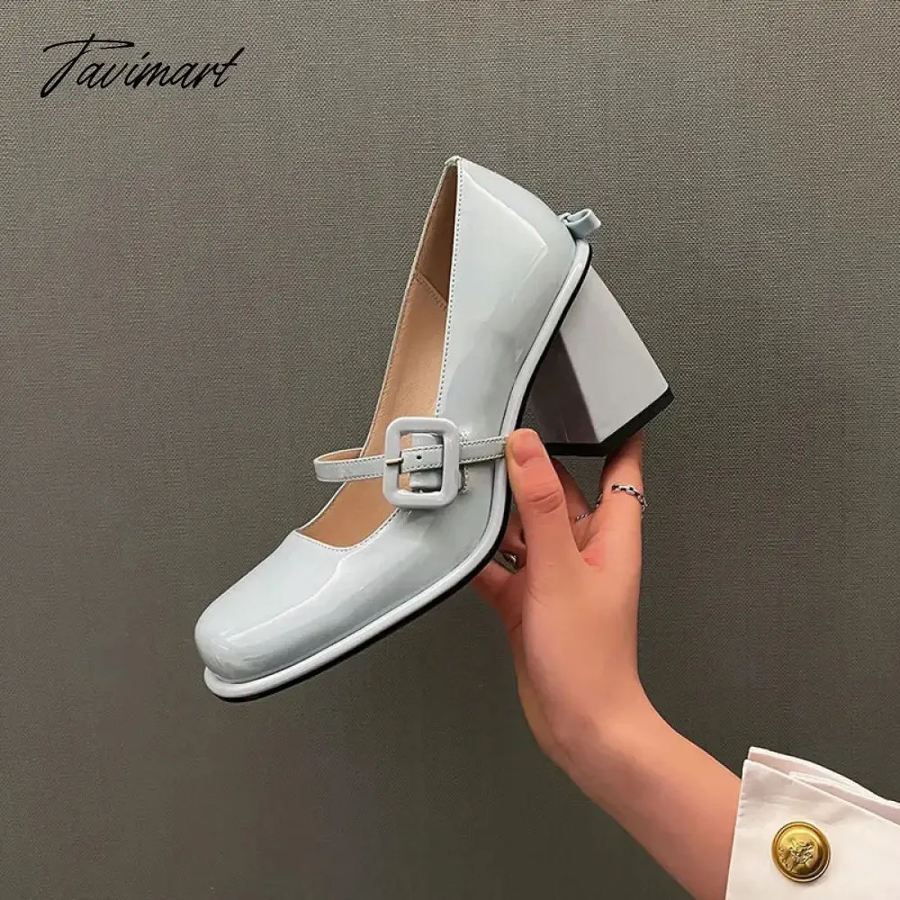 Tavimart Blue Bowknot Single Shoes Mary Jane Shoes New Spring Light Lacquer Leather High Heels