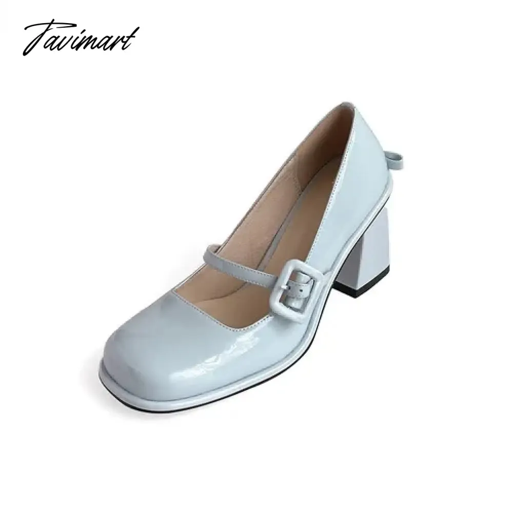 Tavimart Blue Bowknot Single Shoes Mary Jane Shoes New Spring Light Lacquer Leather High Heels