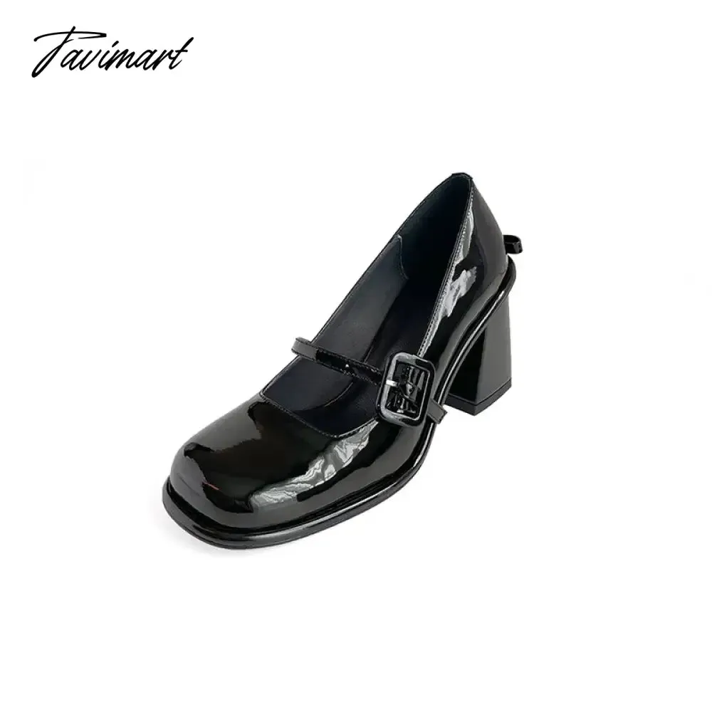 Tavimart Blue Bowknot Single Shoes Mary Jane Shoes New Spring Light Lacquer Leather High Heels