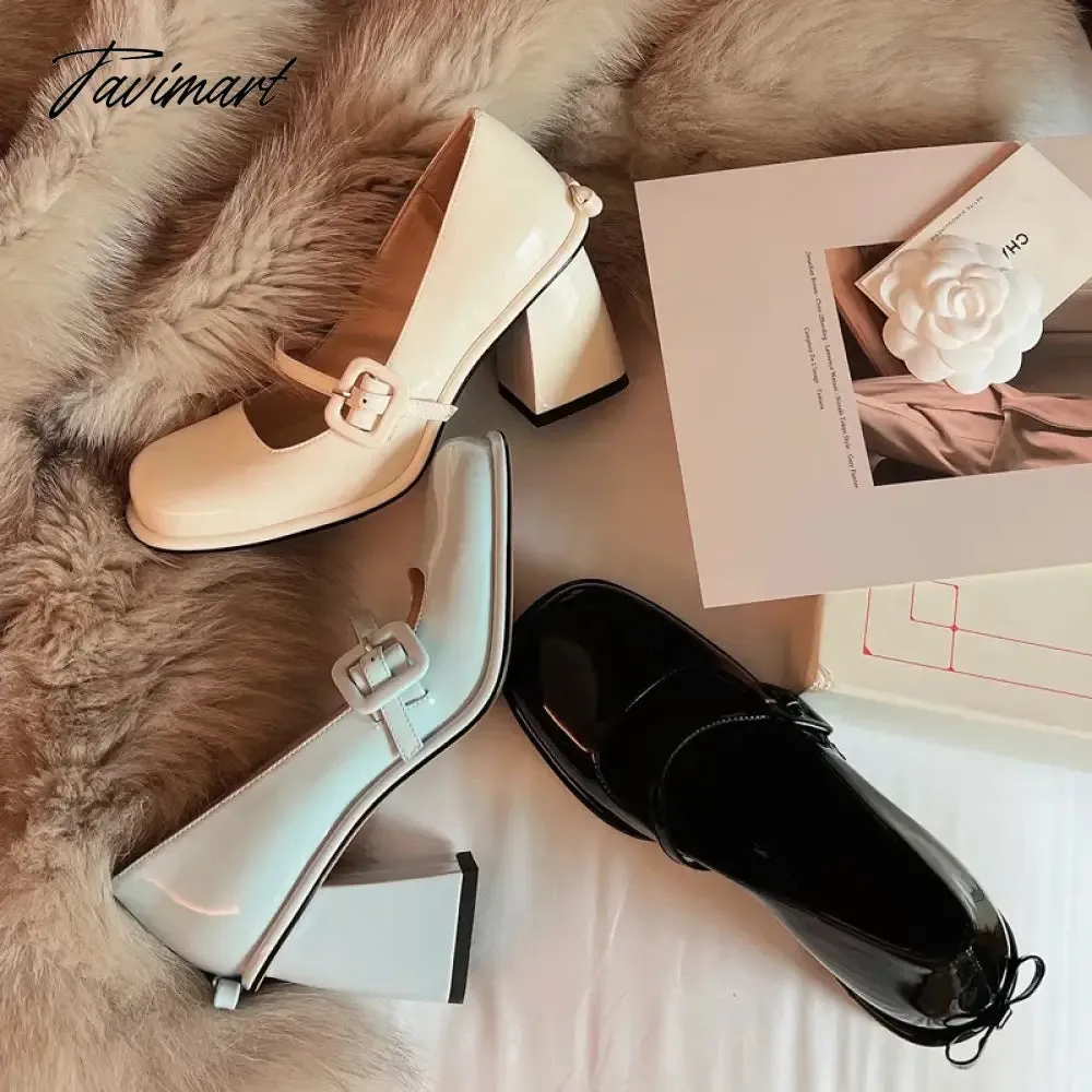 Tavimart Blue Bowknot Single Shoes Mary Jane Shoes New Spring Light Lacquer Leather High Heels