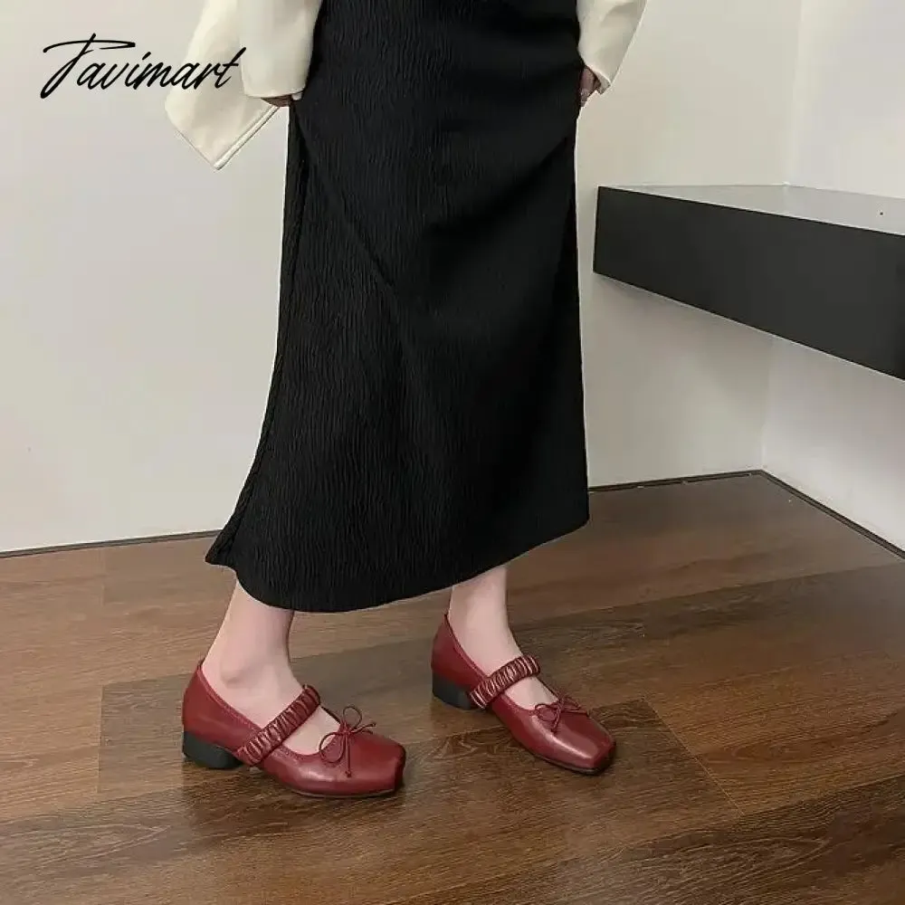 Tavimart Korean Style Retro Mary Jane Shoes Square Toe Women's Shoes Bowknot PU Ballet Flats Spring/Autumn Flats Women Shoes