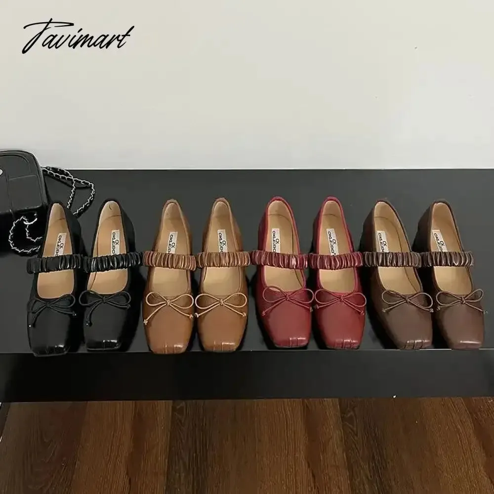 Tavimart Korean Style Retro Mary Jane Shoes Square Toe Women's Shoes Bowknot PU Ballet Flats Spring/Autumn Flats Women Shoes