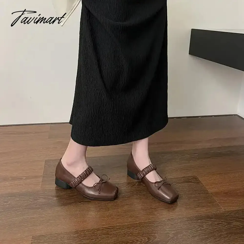 Tavimart Korean Style Retro Mary Jane Shoes Square Toe Women's Shoes Bowknot PU Ballet Flats Spring/Autumn Flats Women Shoes