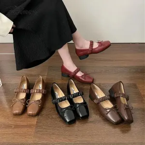 Tavimart Korean Style Retro Mary Jane Shoes Square Toe Women's Shoes Bowknot PU Ballet Flats Spring/Autumn Flats Women Shoes