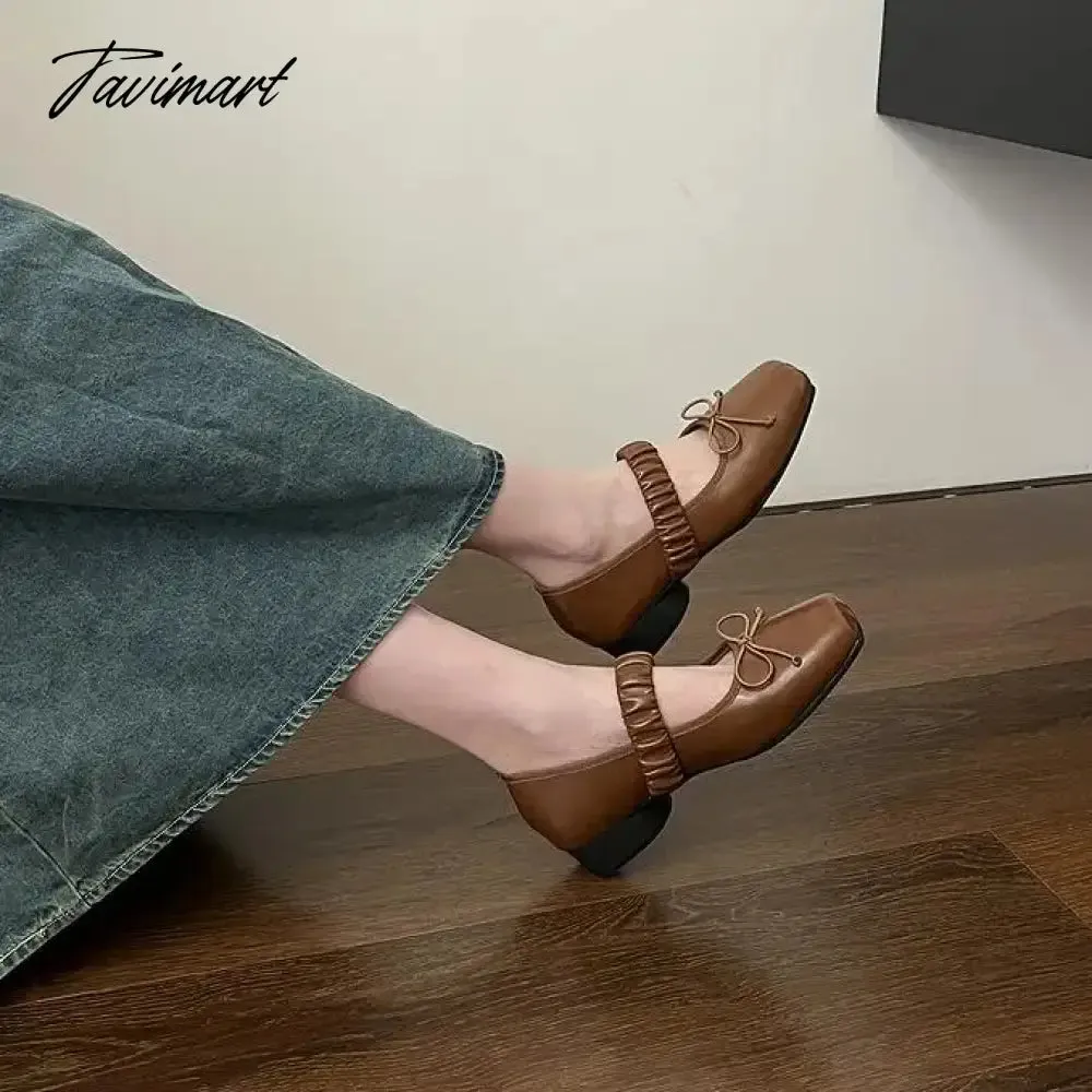 Tavimart Korean Style Retro Mary Jane Shoes Square Toe Women's Shoes Bowknot PU Ballet Flats Spring/Autumn Flats Women Shoes