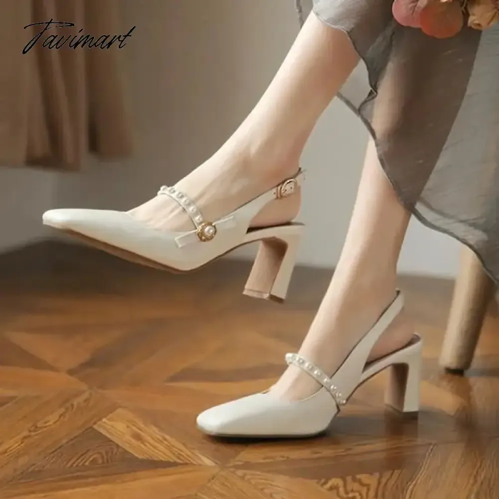 TAVIMART New Women Wedding Shoes High Heels Pearls Slingbacks String Bead Sandals Square Toe Mary Janes Dress Shoes Sandalias Mujer 1439N