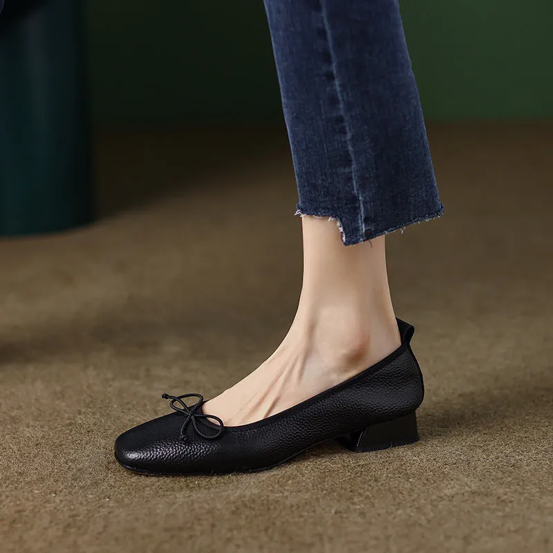 Toleet shoes Single-Layer Shoes Korean-Style Simple Leather Low Heel Shoes Square Toe Low-Cut Chunky Heel Bow Women's Shoes