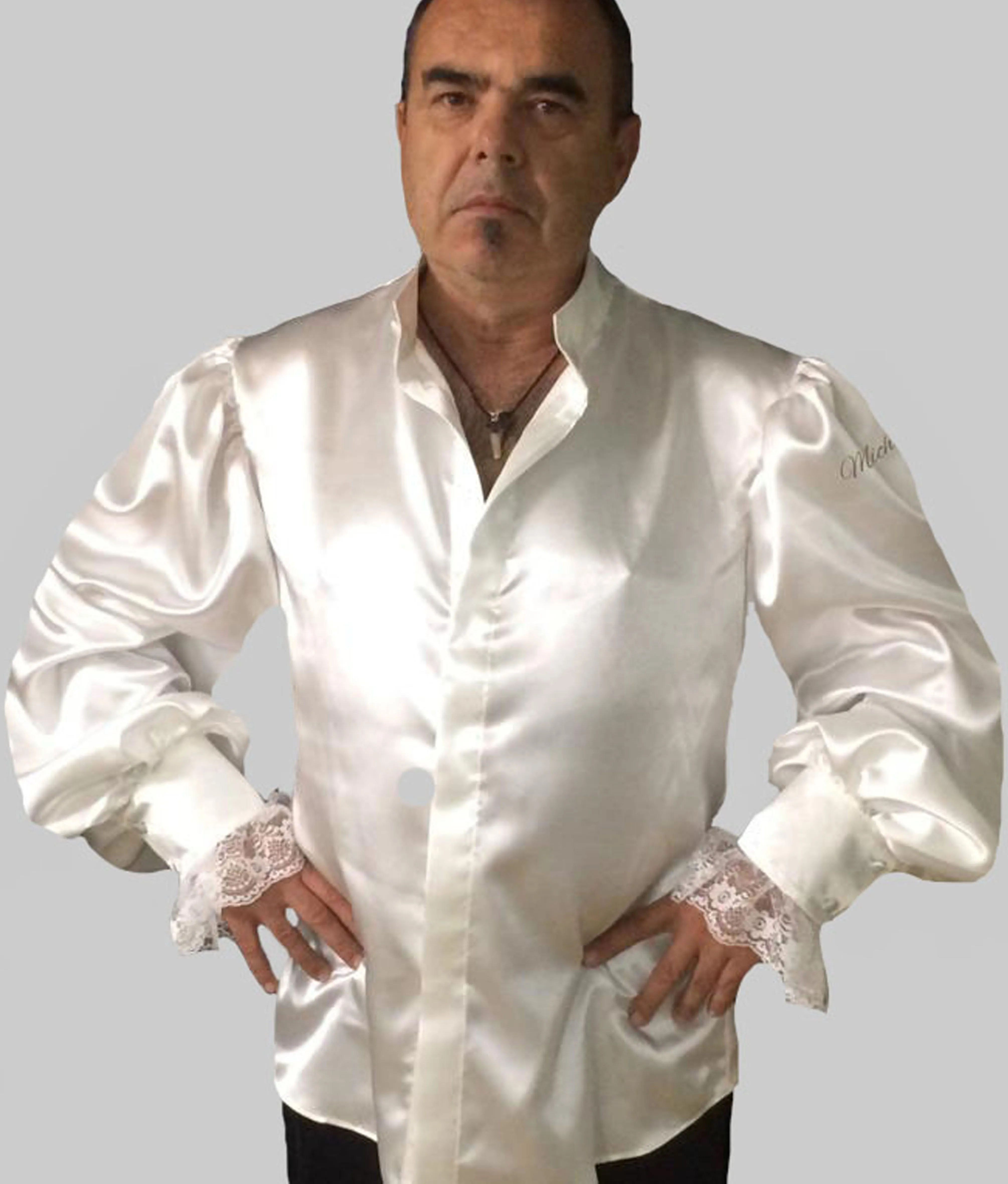 White Men's Satin Shirt With Detachable Frill in S M L XL 2XL 3XL