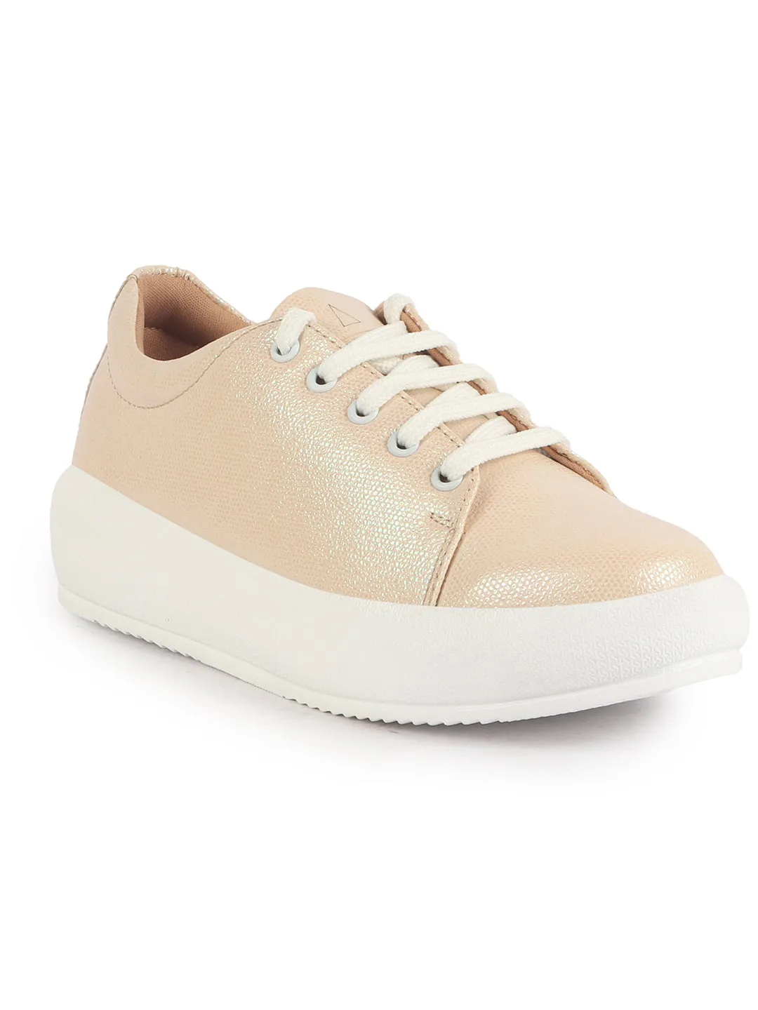 Women Beige Lightweight Height Enhancer Shiny Chunky Lace-Up Sneakers|Memory Cushion Insole|Evening Party Shoe