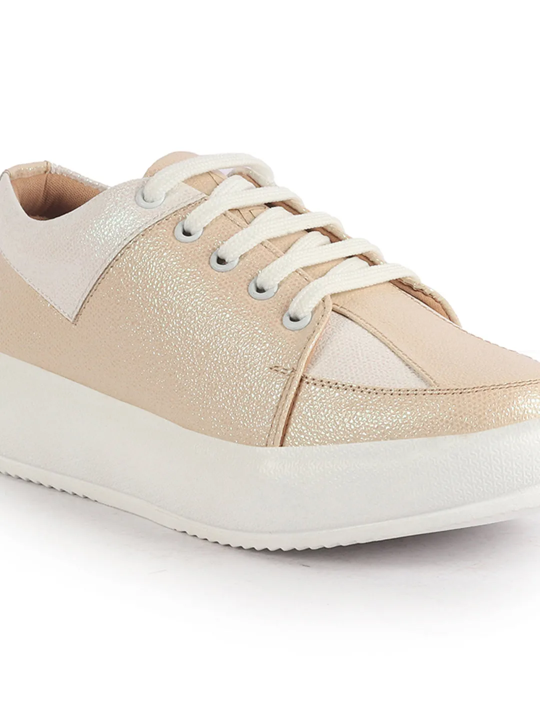 Women Gold Beige Lightweight Height Enhancer Chunky Lace-Up Sneakers|Memory Cushion Insole|Evening Party Shoe