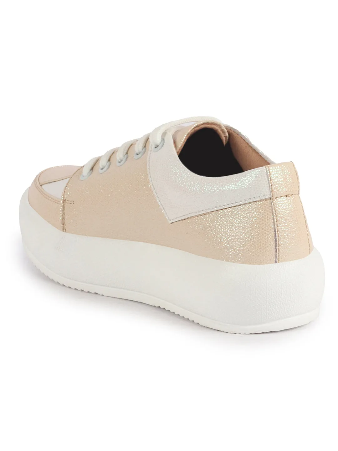 Women Gold Beige Lightweight Height Enhancer Chunky Lace-Up Sneakers|Memory Cushion Insole|Evening Party Shoe