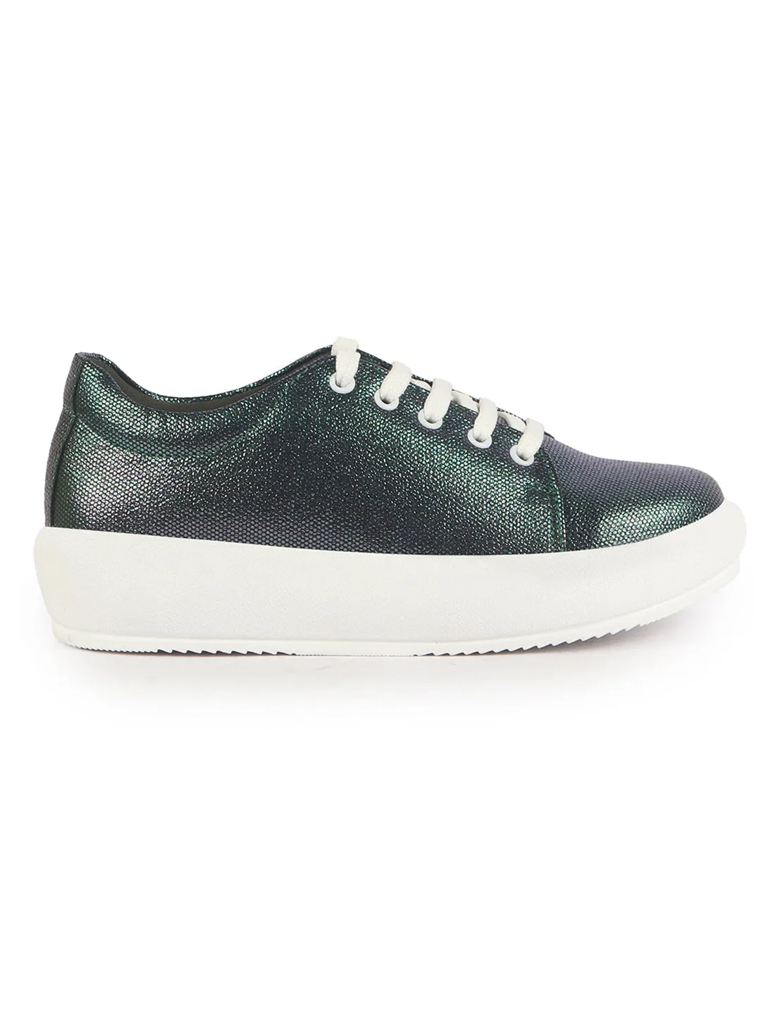 Women Green Lightweight Height Enhancer Shiny Chunky Lace-Up Sneakers|Memory Cushion Insole|Evening Party Shoe