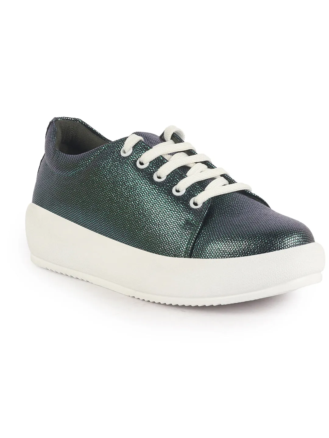 Women Green Lightweight Height Enhancer Shiny Chunky Lace-Up Sneakers|Memory Cushion Insole|Evening Party Shoe