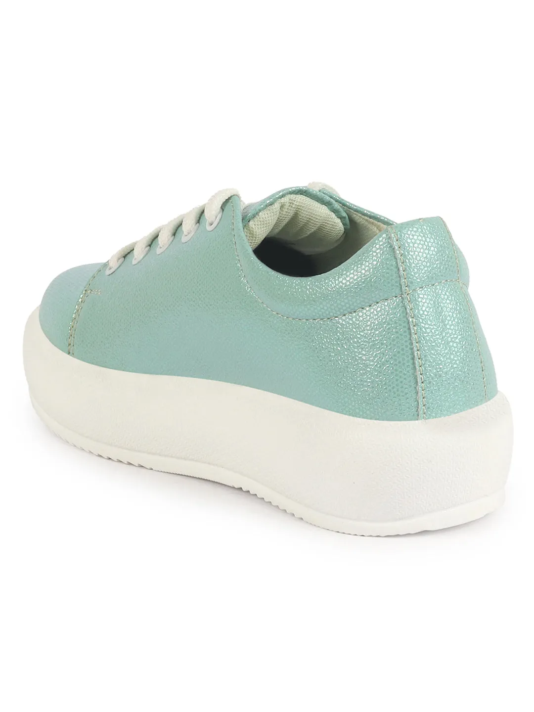 Women Pista Green Lightweight Height Enhancer Shiny Chunky Lace-Up Sneakers|Memory Cushion Insole|Evening Party Shoe