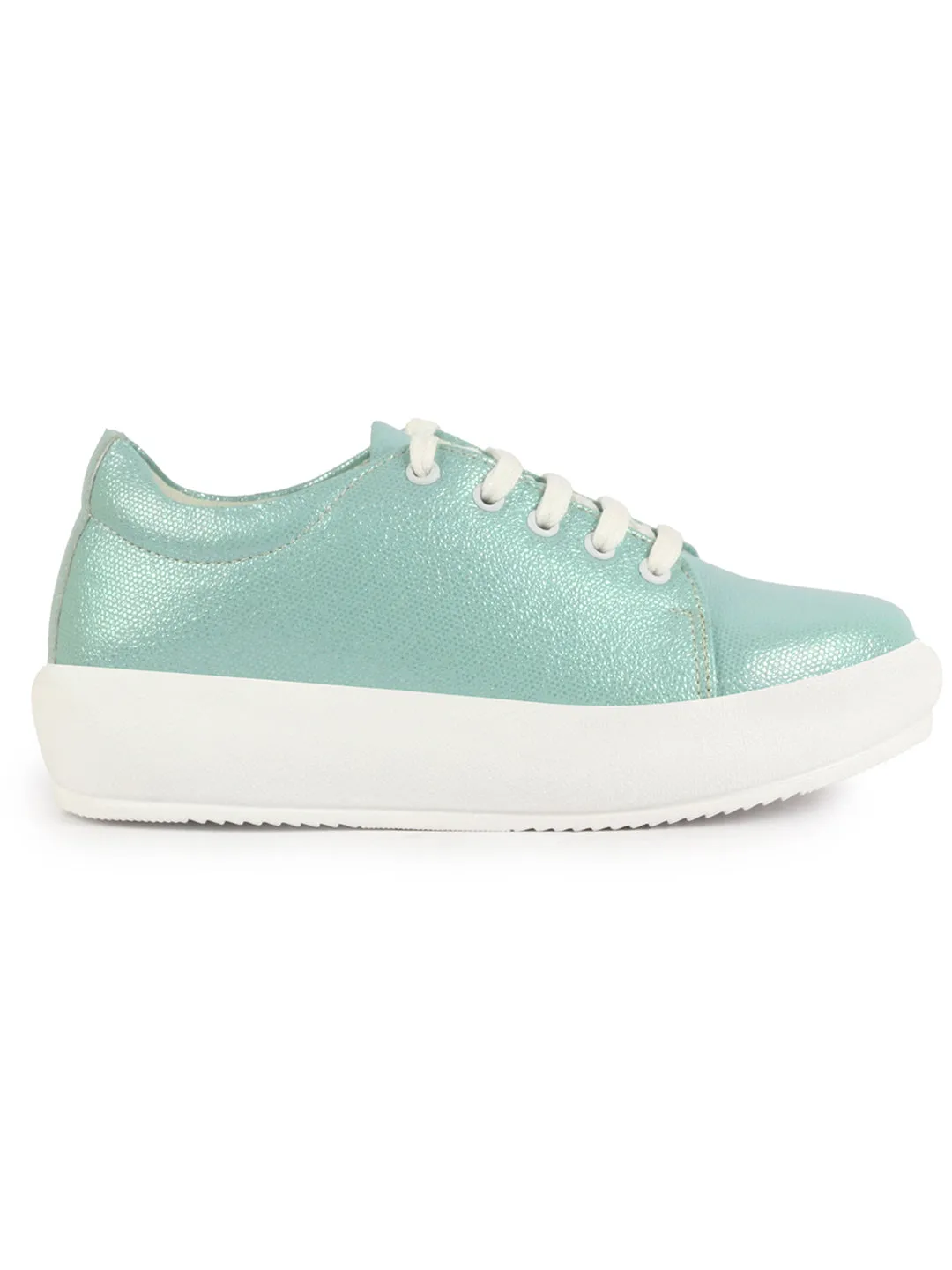 Women Pista Green Lightweight Height Enhancer Shiny Chunky Lace-Up Sneakers|Memory Cushion Insole|Evening Party Shoe