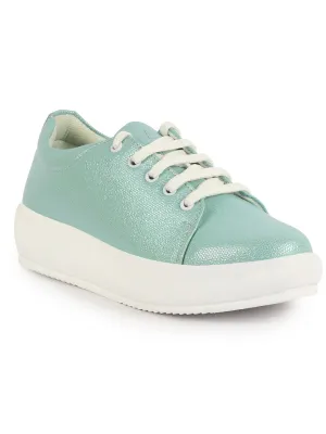 Women Pista Green Lightweight Height Enhancer Shiny Chunky Lace-Up Sneakers|Memory Cushion Insole|Evening Party Shoe